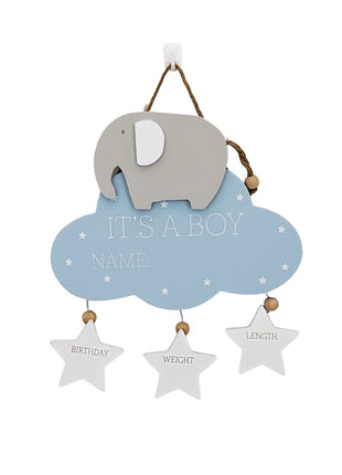 Wooden hanging decoration featuring a cute elephant, pink cloud, and three heart accents, perfect as a newborn baby gift and nursery decor.