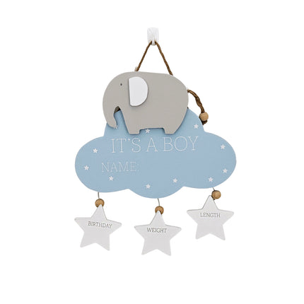 Wooden hanging decoration featuring a cute elephant, pink cloud, and three heart accents, perfect as a newborn baby gift and nursery decor.
