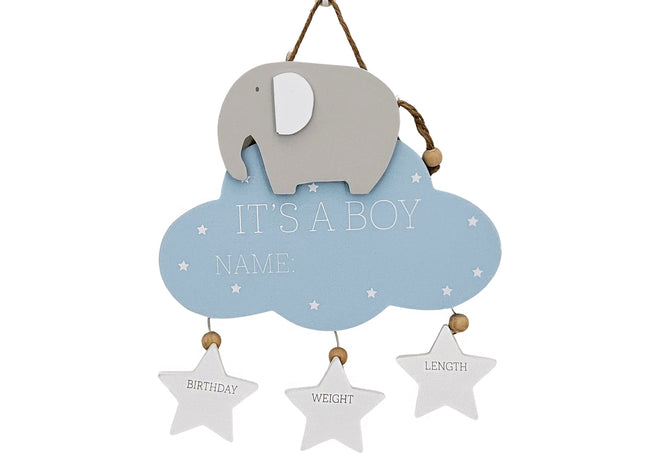 Wooden hanging decoration featuring a cute elephant, pink cloud, and three heart accents, perfect as a newborn baby gift and nursery decor.