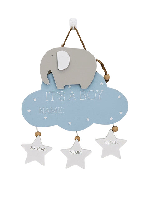Wooden hanging decoration featuring a cute elephant, pink cloud, and three heart accents, perfect as a newborn baby gift and nursery decor.