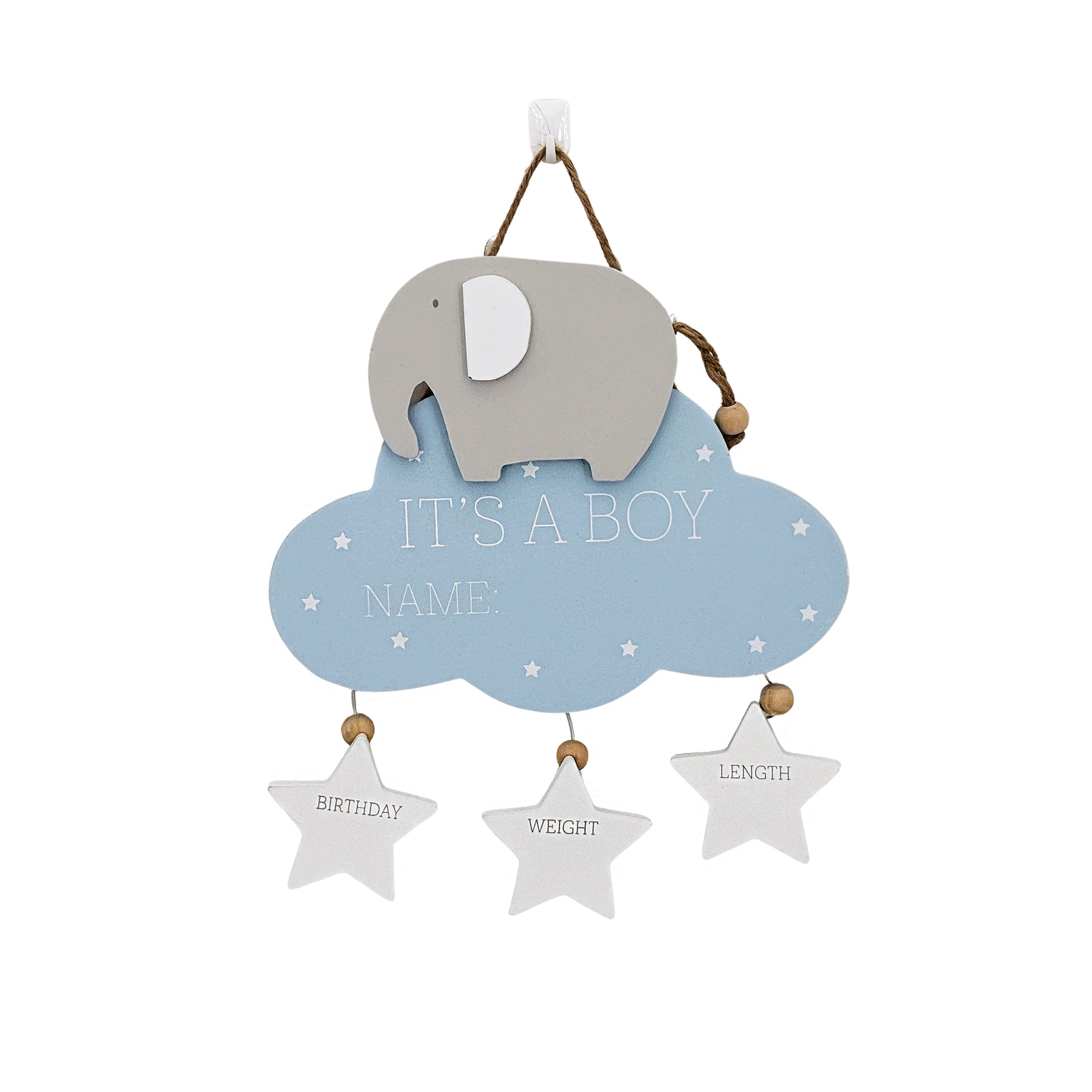 Wooden hanging decoration featuring a cute elephant, pink cloud, and three heart accents, perfect as a newborn baby gift and nursery decor.