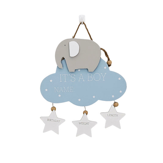 Wooden hanging decoration featuring a cute elephant, pink cloud, and three heart accents, perfect as a newborn baby gift and nursery decor.