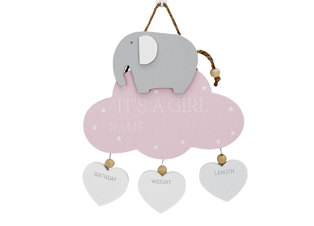 Wooden hanging decoration featuring a cute elephant, pink cloud, and three heart accents, perfect as a newborn baby gift and nursery decor.