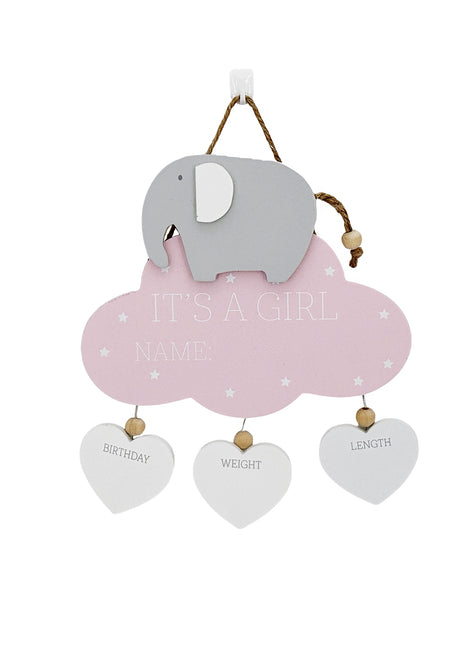 Wooden hanging decoration featuring a cute elephant, pink cloud, and three heart accents, perfect as a newborn baby gift and nursery decor.