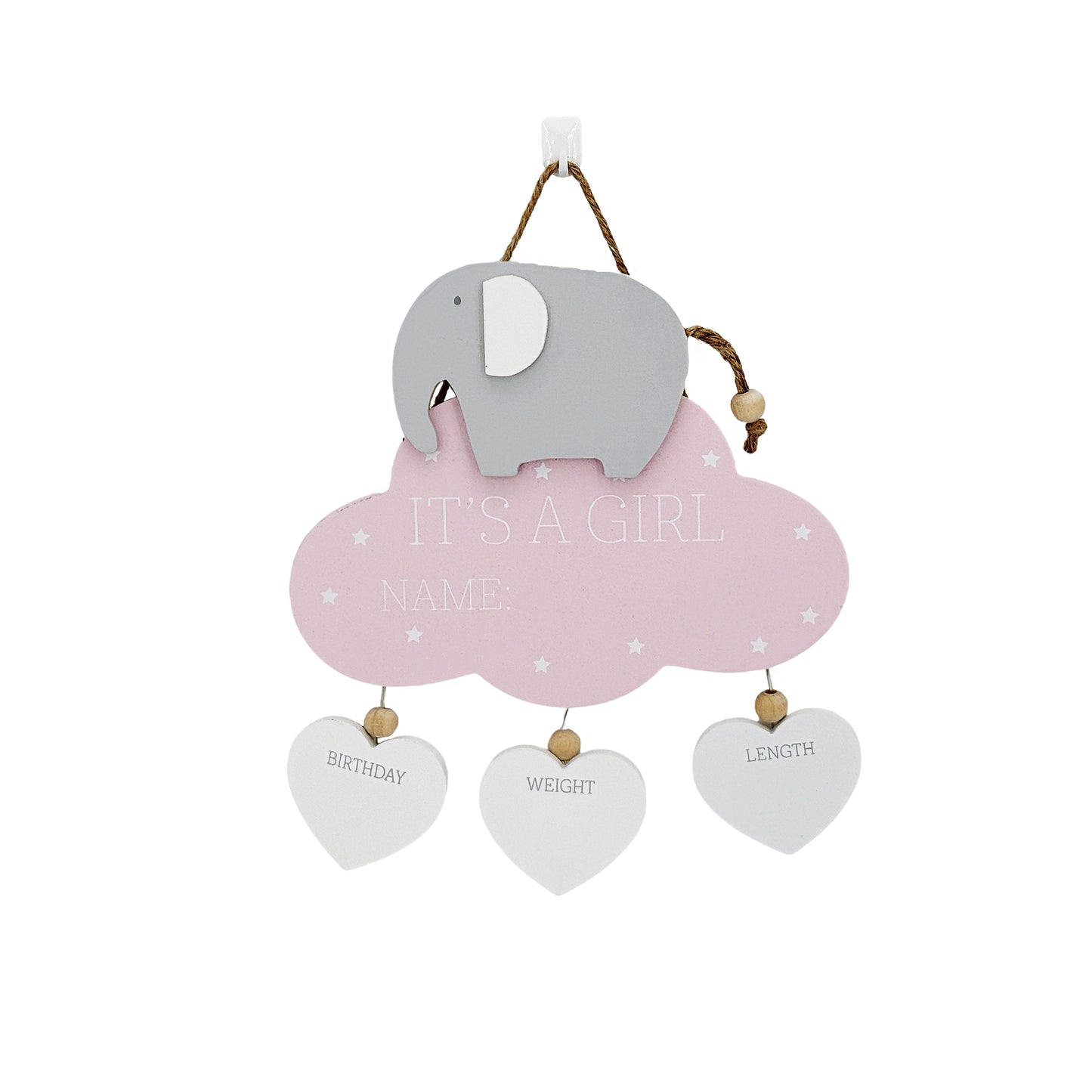 Wooden hanging decoration featuring a cute elephant, pink cloud, and three heart accents, perfect as a newborn baby gift and nursery decor.