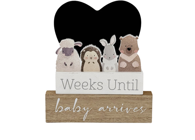 Wooden heart-shaped pregnancy countdown decor featuring a cute animal design, a thoughtful maternity gift for expecting moms to track weeks until baby’s arrival.