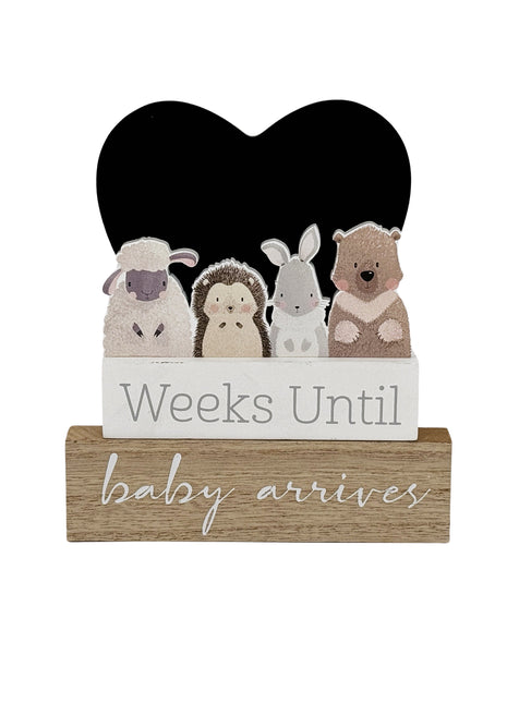 Wooden heart-shaped pregnancy countdown decor featuring a cute animal design, a thoughtful maternity gift for expecting moms to track weeks until baby’s arrival.