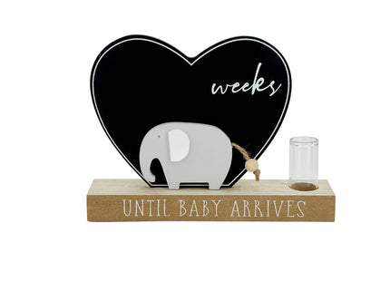 Wooden heart-shaped pregnancy countdown decor featuring a cute elephant design, a thoughtful maternity gift for expecting moms to track weeks until baby’s arrival.