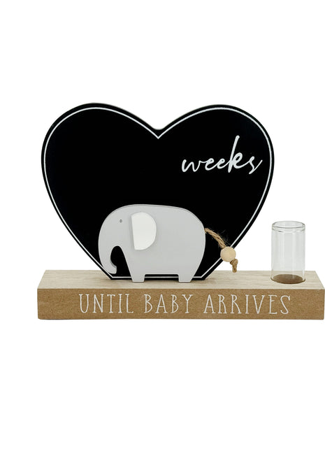 Wooden heart-shaped pregnancy countdown decor featuring a cute elephant design, a thoughtful maternity gift for expecting moms to track weeks until baby’s arrival.