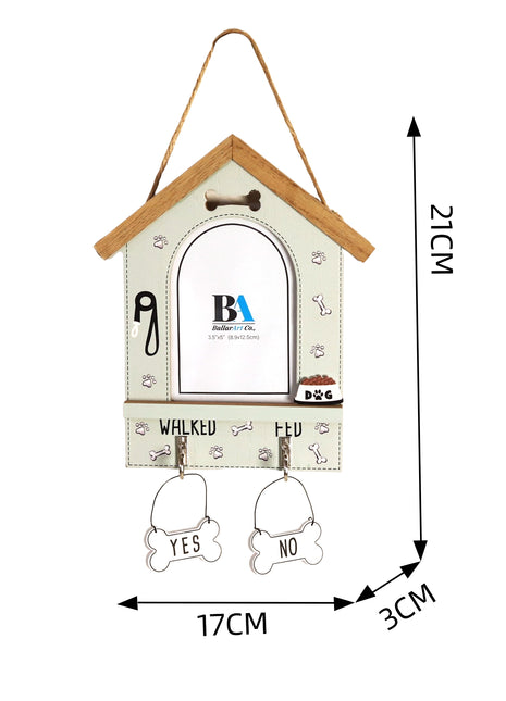 Wooden house-shaped pet photo frame featuring bone and paw print decorations, designed for 3.5x5 inch photos. A charming wall-hanging frame that measures 17x3x21cm, perfect for celebrating your furry friends.
