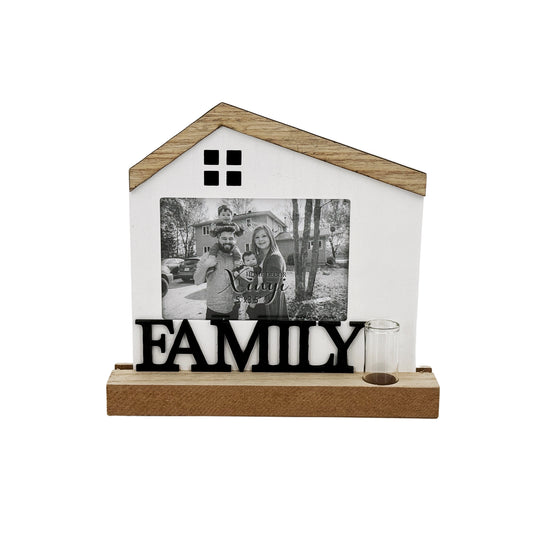 Wooden house-shaped photo frame with a rustic farmhouse design, perfect for displaying family photos and adding a charming touch to home decor. 1
