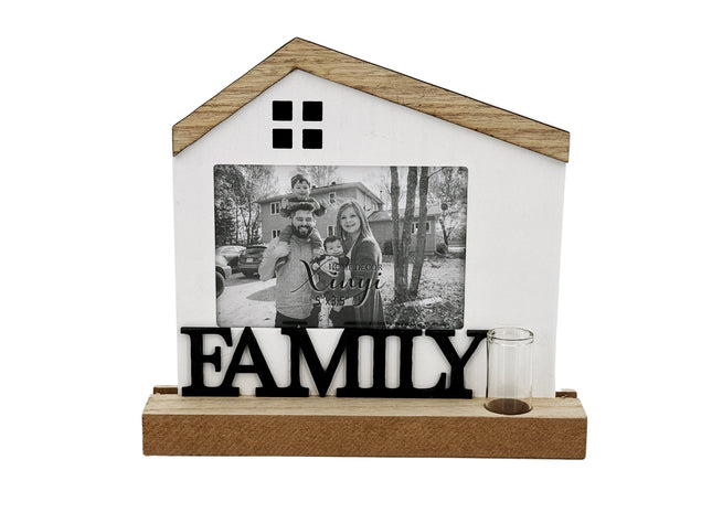 Wooden house-shaped photo frame with a rustic farmhouse design, perfect for displaying family photos and adding a charming touch to home decor. 2
