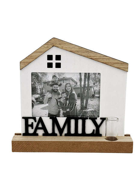 Wooden house-shaped photo frame with a rustic farmhouse design, perfect for displaying family photos and adding a charming touch to home decor. 2

