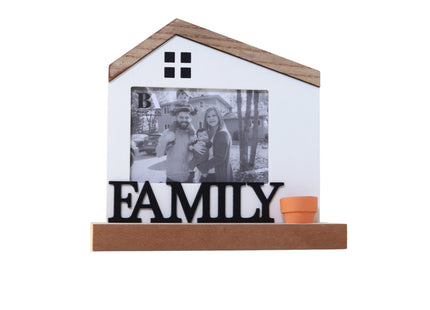 Wooden house-shaped photo frame with a rustic farmhouse design, perfect for displaying family photos and adding a charming touch to home decor. 3
