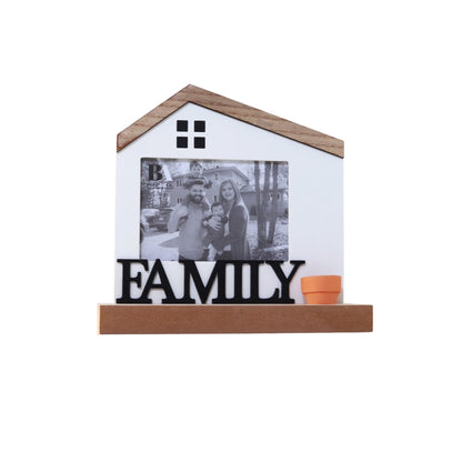 Wooden house-shaped photo frame with a rustic farmhouse design, perfect for displaying family photos and adding a charming touch to home decor. 3
