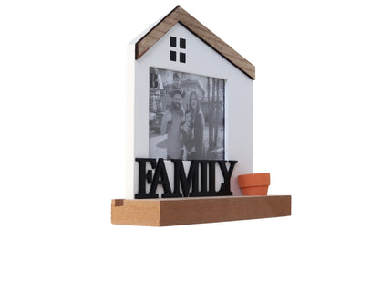 Wooden house-shaped photo frame with a rustic farmhouse design, perfect for displaying family photos and adding a charming touch to home decor. 4
