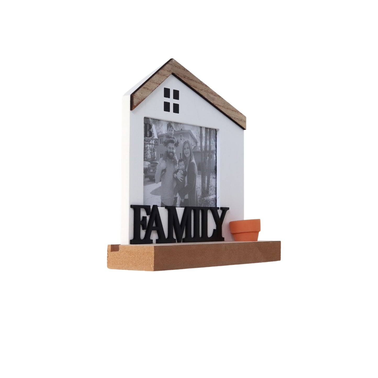 Wooden house-shaped photo frame with a rustic farmhouse design, perfect for displaying family photos and adding a charming touch to home decor. 4
