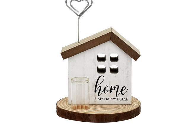 Wooden house-shaped decorative piece in rustic farmhouse style, featuring a photo clip for displaying pictures, perfect as a charming home decor item.