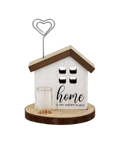 Wooden house-shaped decorative piece in rustic farmhouse style, featuring a photo clip for displaying pictures, perfect as a charming home decor item.