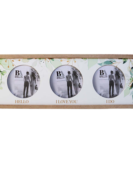 Wooden photo frame designed to hold three pictures, themed around the love story, with separate slots for hello, I love you, and I do photos, capturing beautiful memories of love and commitment. 1
