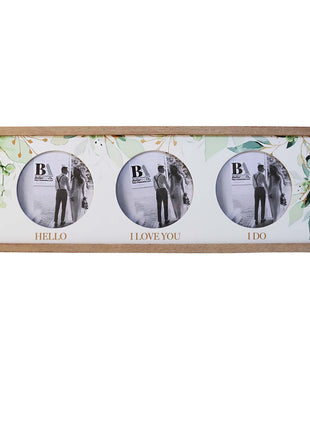 Wooden photo frame designed to hold three pictures, themed around the love story, with separate slots for hello, I love you, and I do photos, capturing beautiful memories of love and commitment. 2
