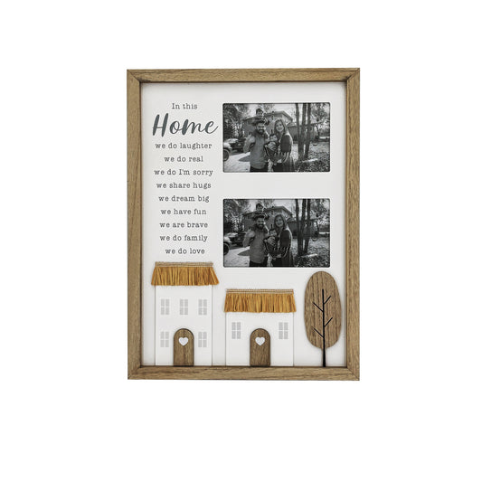 Wooden photo frame for two pictures, featuring the phrase "Home is My Happy Place" with rustic tree and house decorations, perfect for adding a cozy, countryside touch to your home decor. 1
