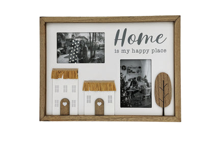 Wooden photo frame for two pictures, featuring the phrase "Home is My Happy Place" with rustic tree and house decorations, perfect for adding a cozy, countryside touch to your home decor. 2
