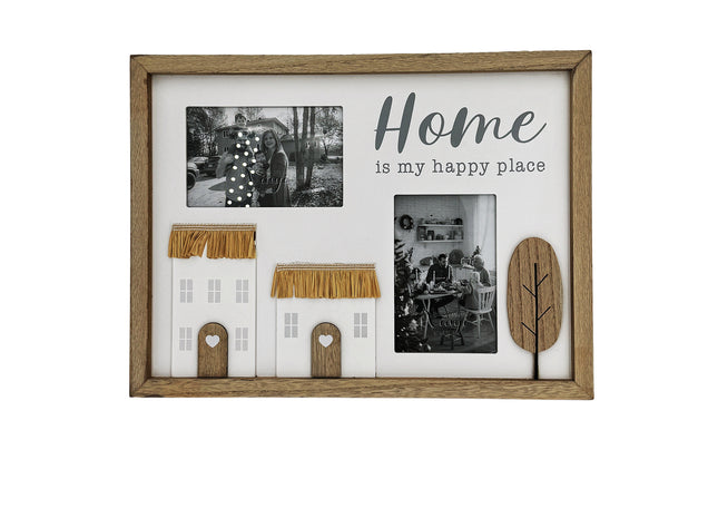 Wooden photo frame for two pictures, featuring the phrase "Home is My Happy Place" with rustic tree and house decorations, perfect for adding a cozy, countryside touch to your home decor. 2
