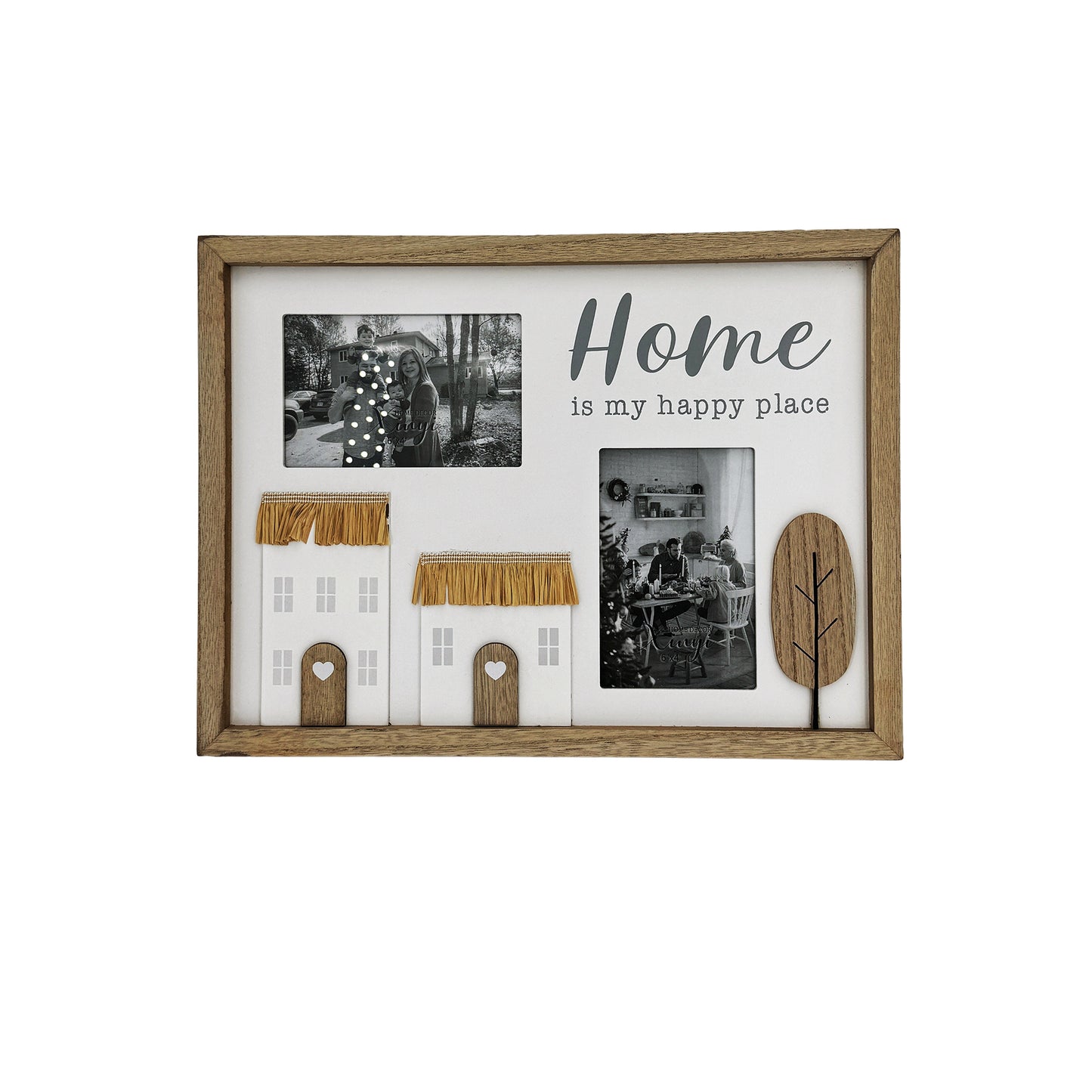 Wooden photo frame for two pictures, featuring the phrase "Home is My Happy Place" with rustic tree and house decorations, perfect for adding a cozy, countryside touch to your home decor. 2
