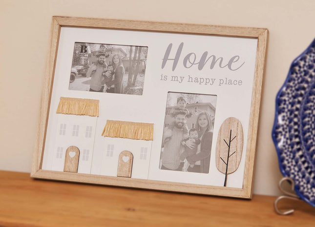 Wooden photo frame for two pictures, featuring the phrase "Home is My Happy Place" with rustic tree and house decorations, perfect for adding a cozy, countryside touch to your home decor. 3
