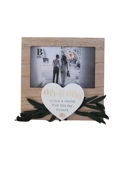 Wooden photo frame featuring heart and wedding ring decorations, with Wedding Vow theme, making it an ideal romantic keepsake for weddings, symbolizing love and commitment. 1
