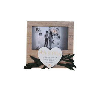 Wooden photo frame featuring heart and wedding ring decorations, with Wedding Vow theme, making it an ideal romantic keepsake for weddings, symbolizing love and commitment. 1
