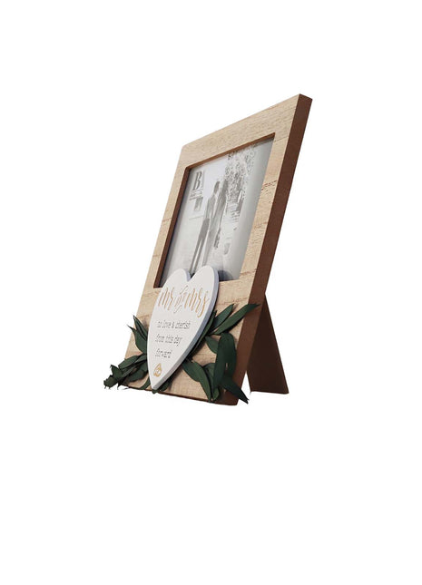 Wooden photo frame featuring heart and wedding ring decorations, with Wedding Vow theme, making it an ideal romantic keepsake for weddings, symbolizing love and commitment. 2
