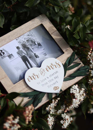 Wooden photo frame featuring heart and wedding ring decorations, with Wedding Vow theme, making it an ideal romantic keepsake for weddings, symbolizing love and commitment. 3
