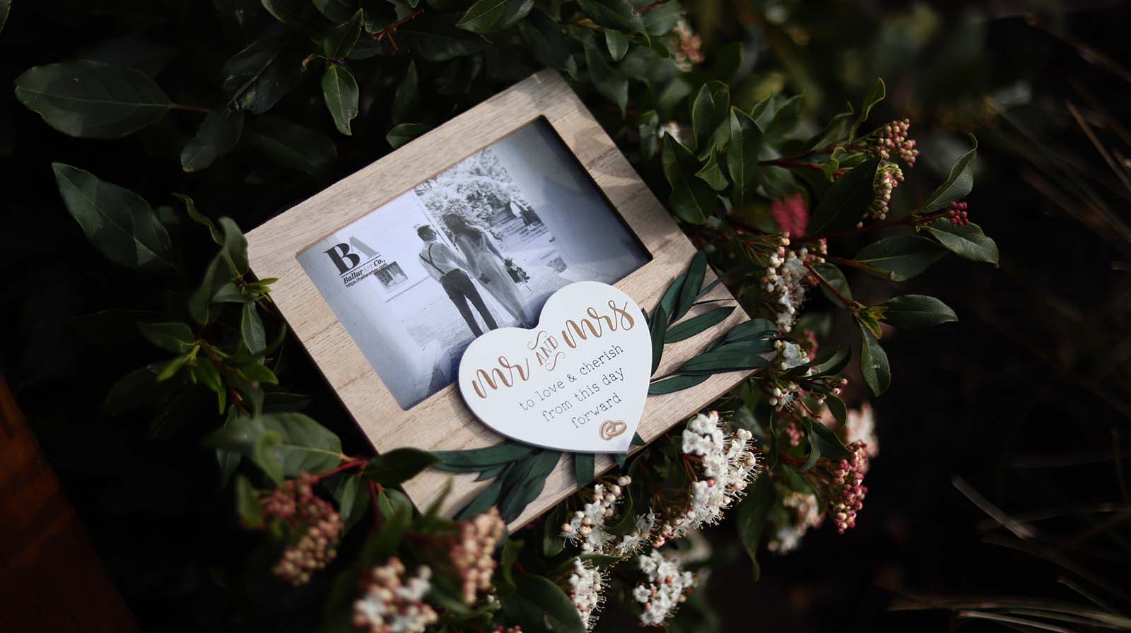 Wooden photo frame featuring heart and wedding ring decorations, with Wedding Vow theme, making it an ideal romantic keepsake for weddings, symbolizing love and commitment. 3
