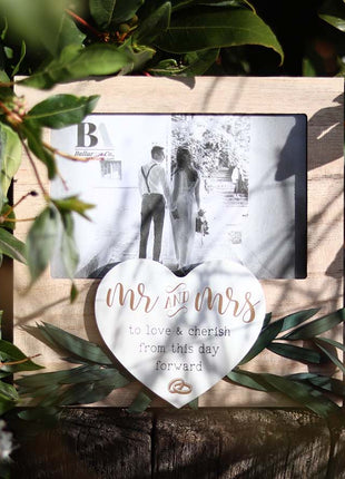 Wooden photo frame featuring heart and wedding ring decorations, with Wedding Vow theme, making it an ideal romantic keepsake for weddings, symbolizing love and commitment. 4
