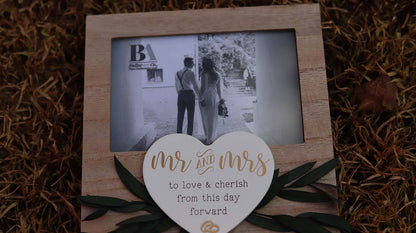 Wooden photo frame featuring heart and wedding ring decorations, with Wedding Vow theme, making it an ideal romantic keepsake for weddings, symbolizing love and commitment. 5
