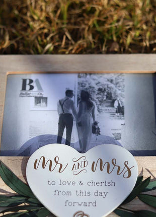 Wooden photo frame featuring heart and wedding ring decorations, with Wedding Vow theme, making it an ideal romantic keepsake for weddings, symbolizing love and commitment. 6
