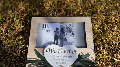 Wooden photo frame featuring heart and wedding ring decorations, with Wedding Vow theme, making it an ideal romantic keepsake for weddings, symbolizing love and commitment. 6
