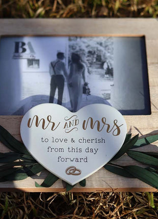 Wooden photo frame featuring heart and wedding ring decorations, with Wedding Vow theme, making it an ideal romantic keepsake for weddings, symbolizing love and commitment. 7
