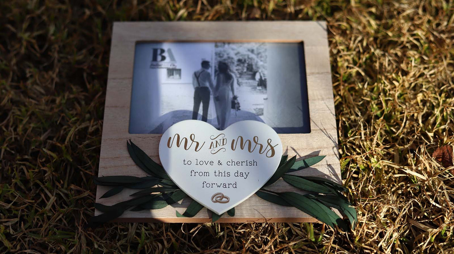 Wooden photo frame featuring heart and wedding ring decorations, with Wedding Vow theme, making it an ideal romantic keepsake for weddings, symbolizing love and commitment. 7
