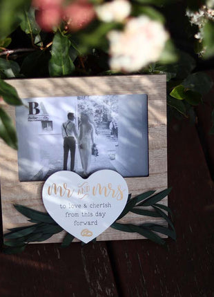 Wooden photo frame featuring heart and wedding ring decorations, with Wedding Vow theme, making it an ideal romantic keepsake for weddings, symbolizing love and commitment. 8
