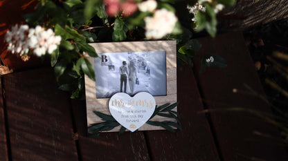 Wooden photo frame featuring heart and wedding ring decorations, with Wedding Vow theme, making it an ideal romantic keepsake for weddings, symbolizing love and commitment. 8
