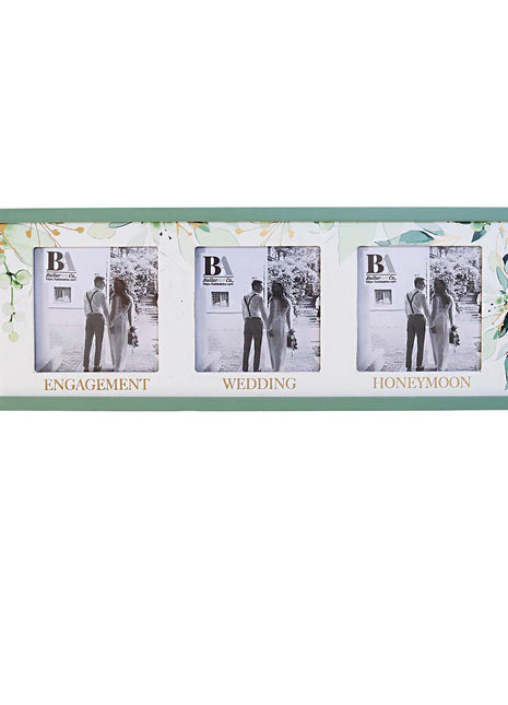Wooden photo frame designed to hold three pictures, themed around the wedding journey, with separate slots for engagement, wedding, and honeymoon photos, capturing beautiful memories of love and commitment.